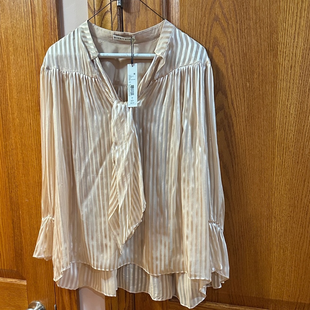 Alice + Olivia Cream Striped Blouse with Tie